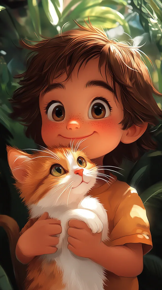 Kid With Cat Minimal mobile wallpaper